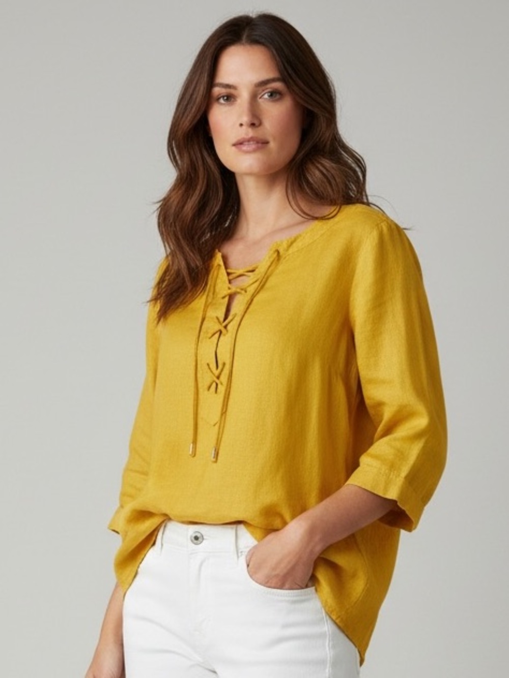 Anthropologie MAEVE Linen Top Blouse Lace Up Boho Mustard Yellow Shirt
